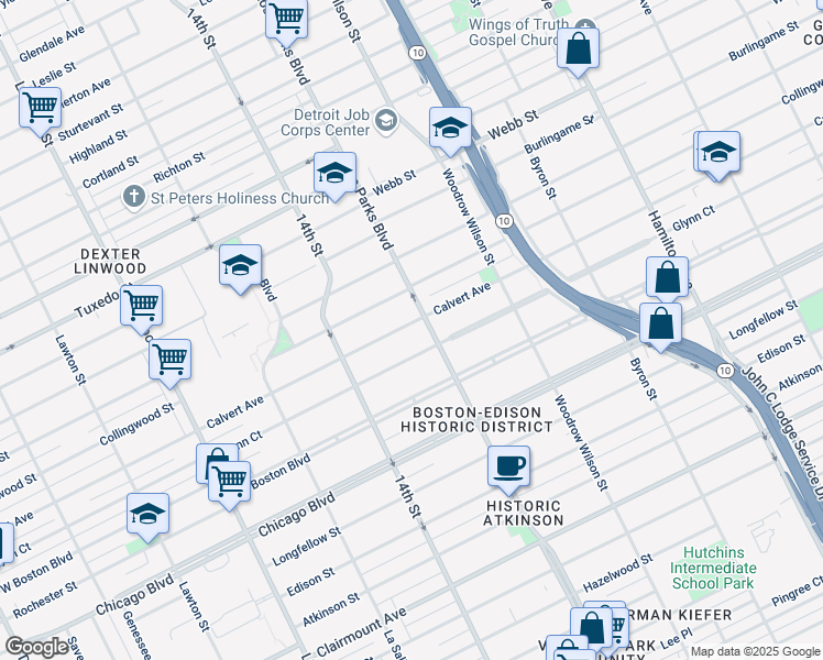 map of restaurants, bars, coffee shops, grocery stores, and more near 1931 Calvert Avenue in Detroit
