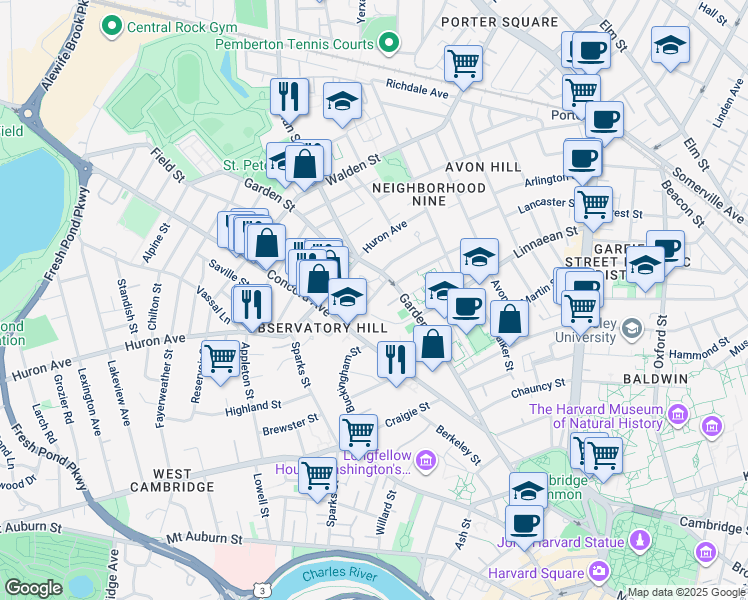 map of restaurants, bars, coffee shops, grocery stores, and more near 28 Madison Street in Cambridge