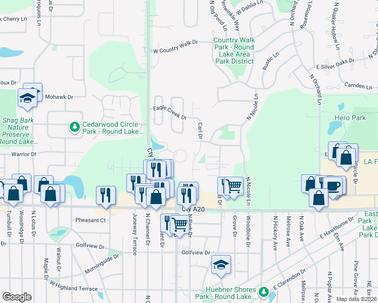 map of restaurants, bars, coffee shops, grocery stores, and more near 212 Mary Court in Round Lake Beach