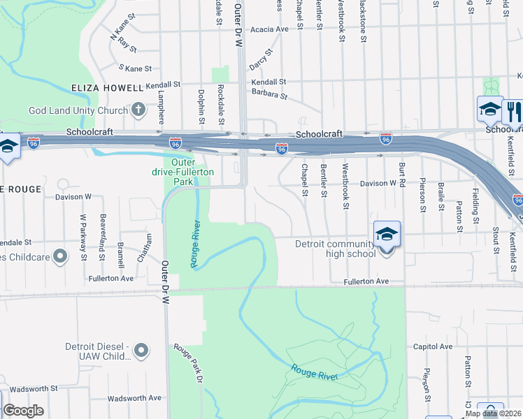map of restaurants, bars, coffee shops, grocery stores, and more near 12925 Greydale Street in Detroit