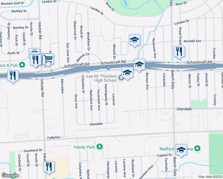 map of restaurants, bars, coffee shops, grocery stores, and more near 13111 Leverne in Redford Charter Township