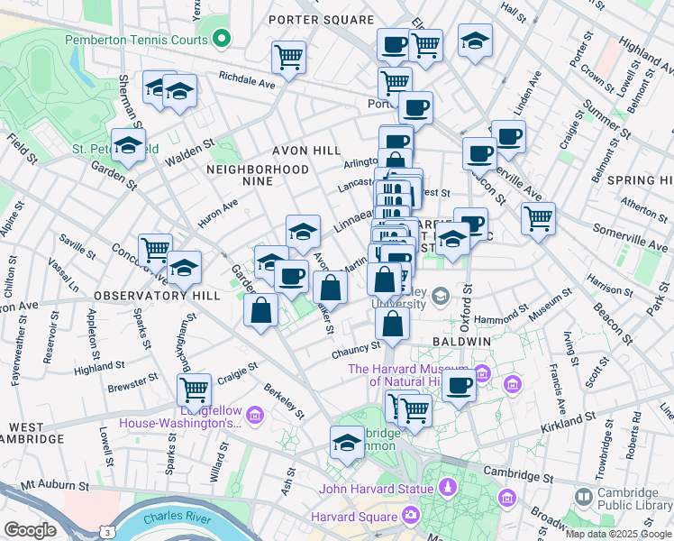 map of restaurants, bars, coffee shops, grocery stores, and more near in Cambridge