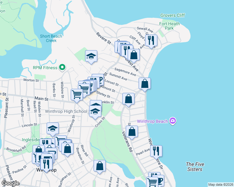 map of restaurants, bars, coffee shops, grocery stores, and more near 69 Almont Street in Winthrop
