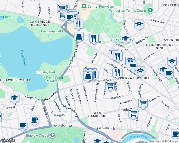 map of restaurants, bars, coffee shops, grocery stores, and more near 45 Standish Street in Cambridge