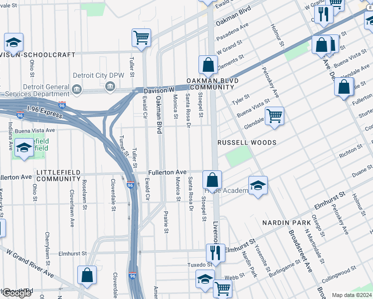 map of restaurants, bars, coffee shops, grocery stores, and more near 12695 Santa Rosa Drive in Detroit