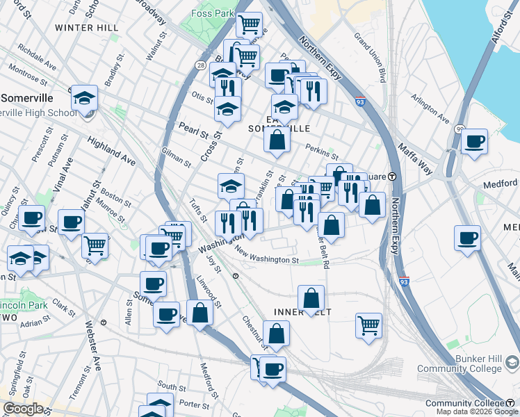 map of restaurants, bars, coffee shops, grocery stores, and more near 26 Franklin Avenue in Somerville