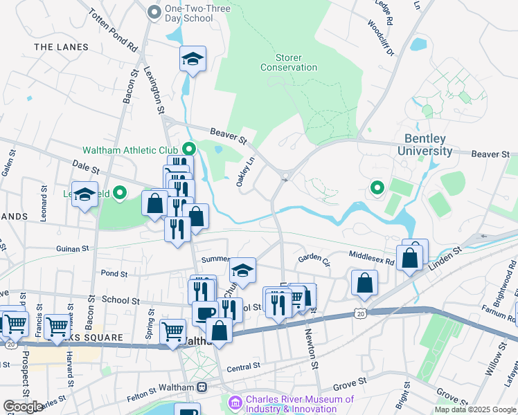map of restaurants, bars, coffee shops, grocery stores, and more near 65R Valley View Road in Waltham
