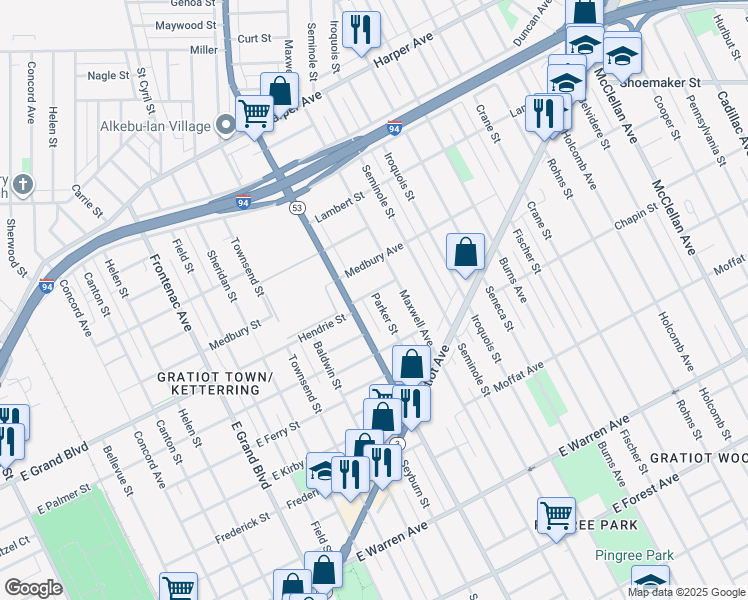map of restaurants, bars, coffee shops, grocery stores, and more near 8044 Hendrie Street in Detroit