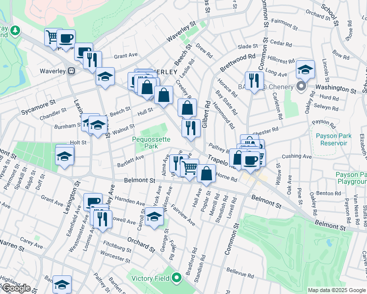 map of restaurants, bars, coffee shops, grocery stores, and more near 17 Bartlett Avenue in Belmont