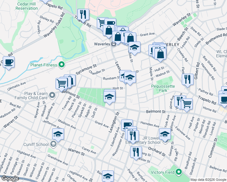 map of restaurants, bars, coffee shops, grocery stores, and more near 62 Knowles Road in Belmont