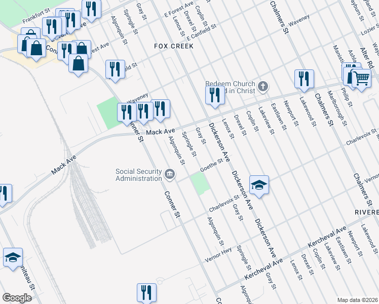 map of restaurants, bars, coffee shops, grocery stores, and more near 3493 Springle Street in Detroit