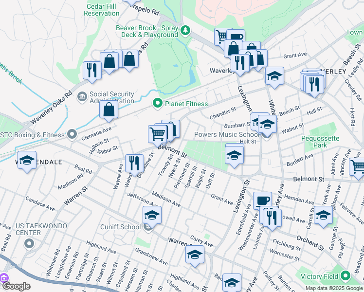 map of restaurants, bars, coffee shops, grocery stores, and more near 15 Harrington Street in Watertown