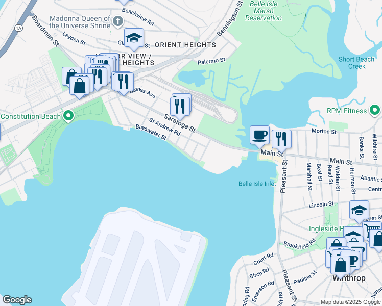 map of restaurants, bars, coffee shops, grocery stores, and more near 174 Bayswater Street in Boston