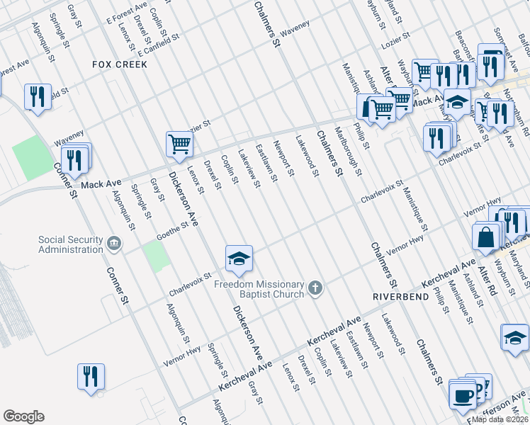 map of restaurants, bars, coffee shops, grocery stores, and more near 2999 Lakeview Street in Detroit