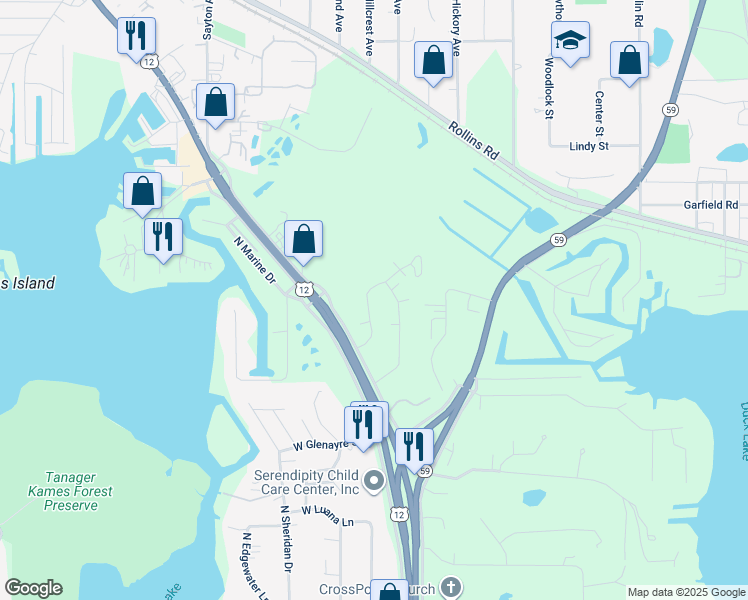 map of restaurants, bars, coffee shops, grocery stores, and more near 585 Foxridge Drive in Fox Lake