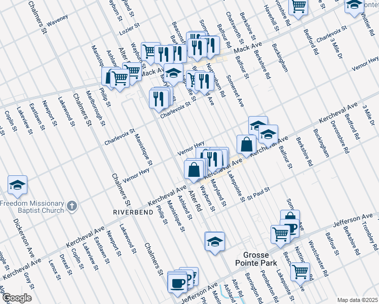 map of restaurants, bars, coffee shops, grocery stores, and more near 1259 Maryland Street in Grosse Pointe Park