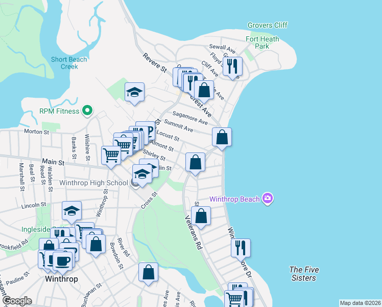 map of restaurants, bars, coffee shops, grocery stores, and more near 108 Almont Street in Winthrop