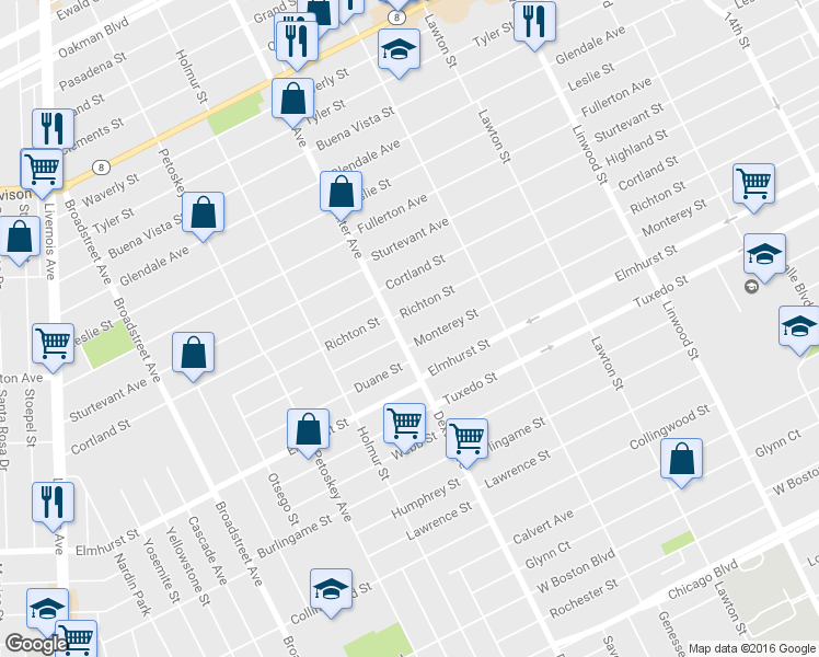 map of restaurants, bars, coffee shops, grocery stores, and more near 12152 Dexter Avenue in Detroit