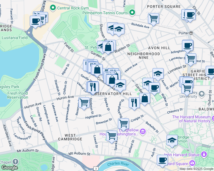 map of restaurants, bars, coffee shops, grocery stores, and more near 220 Concord Avenue in Cambridge