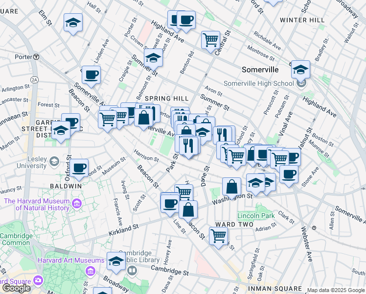 map of restaurants, bars, coffee shops, grocery stores, and more near 14 Park Street in Somerville