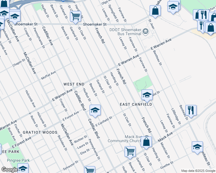 map of restaurants, bars, coffee shops, grocery stores, and more near 4763 Saint Clair Street in Detroit