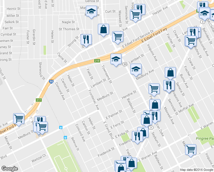 map of restaurants, bars, coffee shops, grocery stores, and more near 5960 Sheridan Street in Detroit