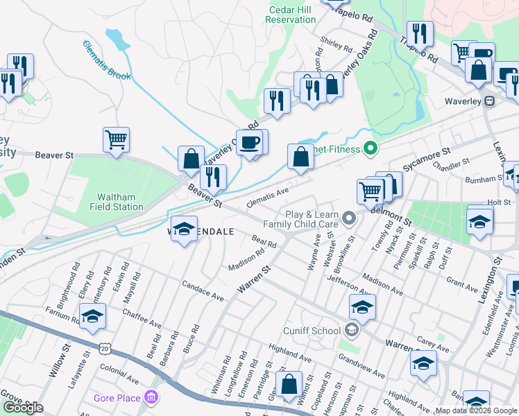 map of restaurants, bars, coffee shops, grocery stores, and more near 3 Wilbur Street in Waltham