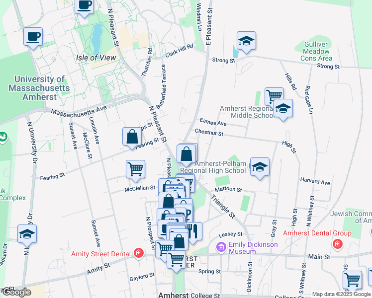 map of restaurants, bars, coffee shops, grocery stores, and more near 107 East Pleasant Street in Amherst