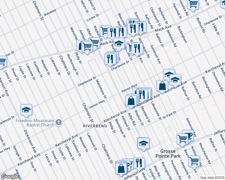 map of restaurants, bars, coffee shops, grocery stores, and more near 2540 Ashland Street in Detroit