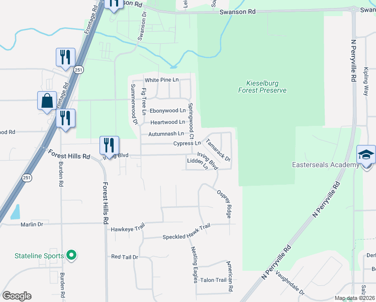map of restaurants, bars, coffee shops, grocery stores, and more near 5534 Irving Boulevard in Machesney Park