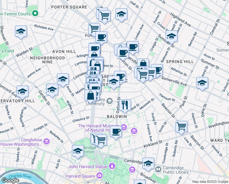 map of restaurants, bars, coffee shops, grocery stores, and more near 36 Sacramento Street in Cambridge