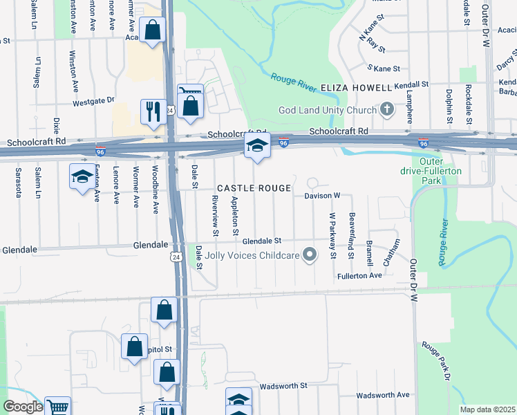 map of restaurants, bars, coffee shops, grocery stores, and more near 12908 Virgil Street in Detroit