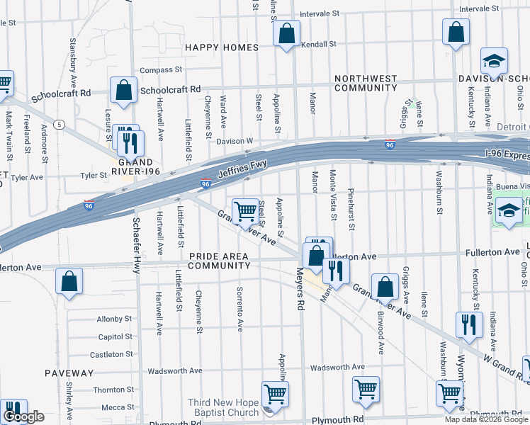 map of restaurants, bars, coffee shops, grocery stores, and more near 12858 Steel Street in Detroit