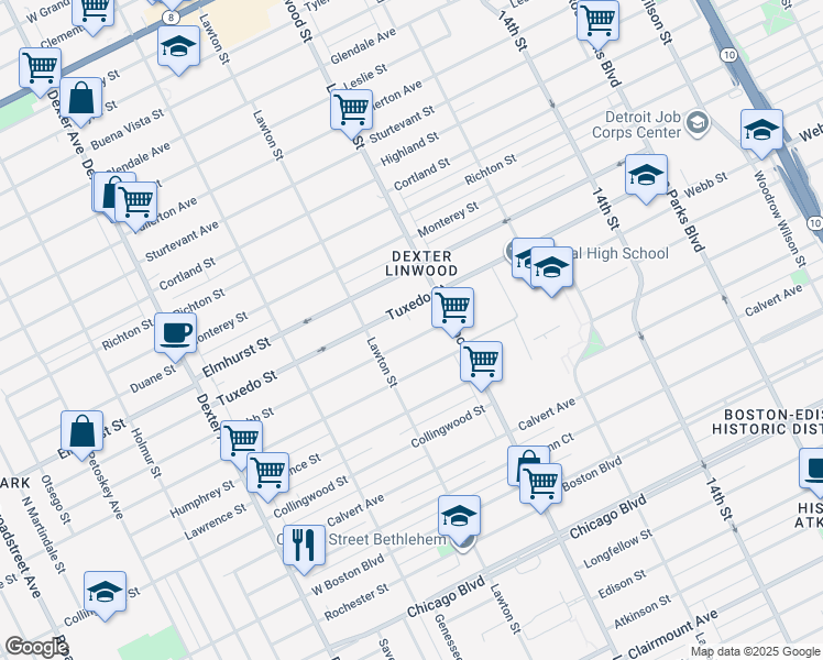 map of restaurants, bars, coffee shops, grocery stores, and more near 2674 Webb Street in Detroit