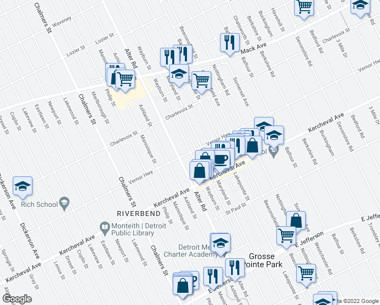 map of restaurants, bars, coffee shops, grocery stores, and more near Vernor Hwy & Wayburn St in Grosse Pointe Park