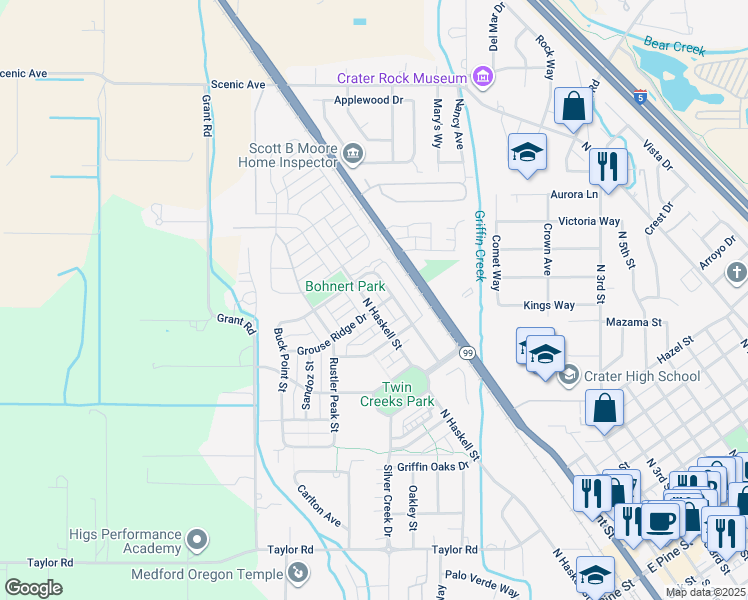 map of restaurants, bars, coffee shops, grocery stores, and more near 1118 North Haskell Street in Central Point