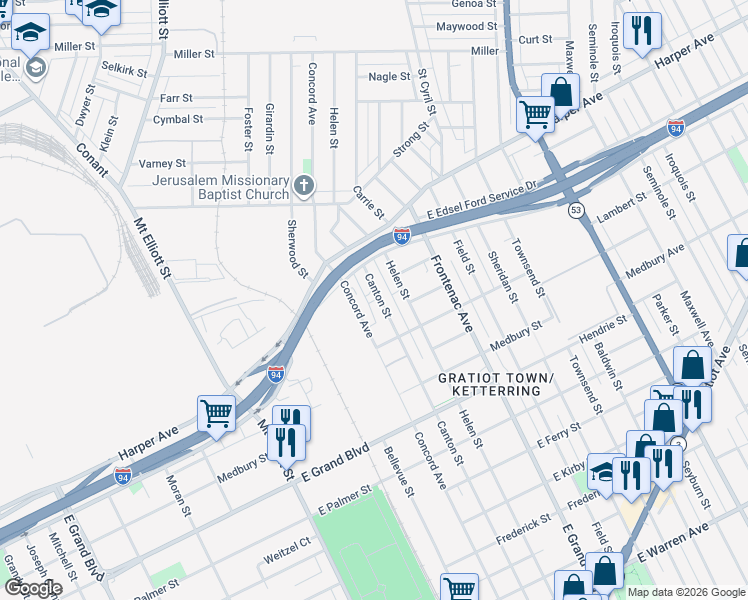map of restaurants, bars, coffee shops, grocery stores, and more near 6191 Canton Street in Detroit