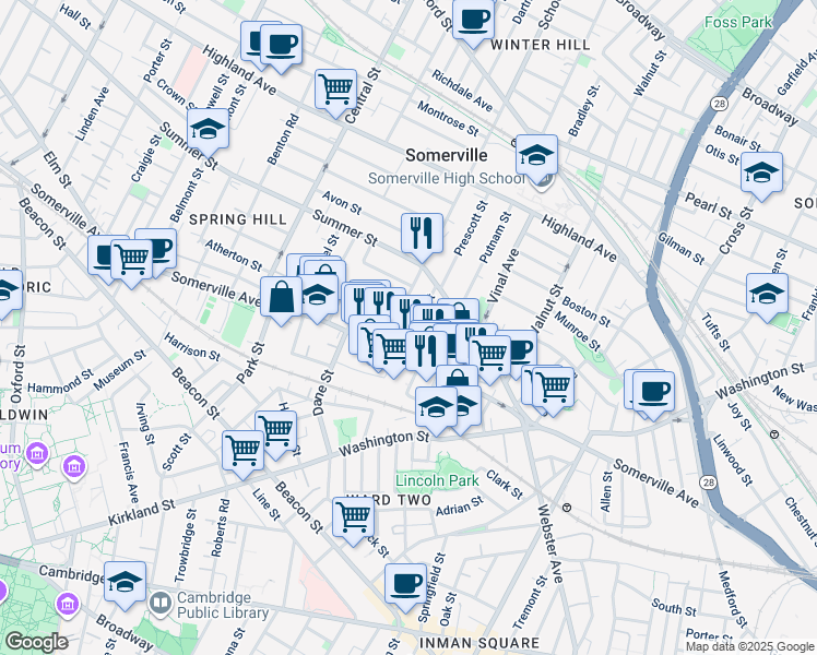 map of restaurants, bars, coffee shops, grocery stores, and more near 14 Quincy Street in Somerville
