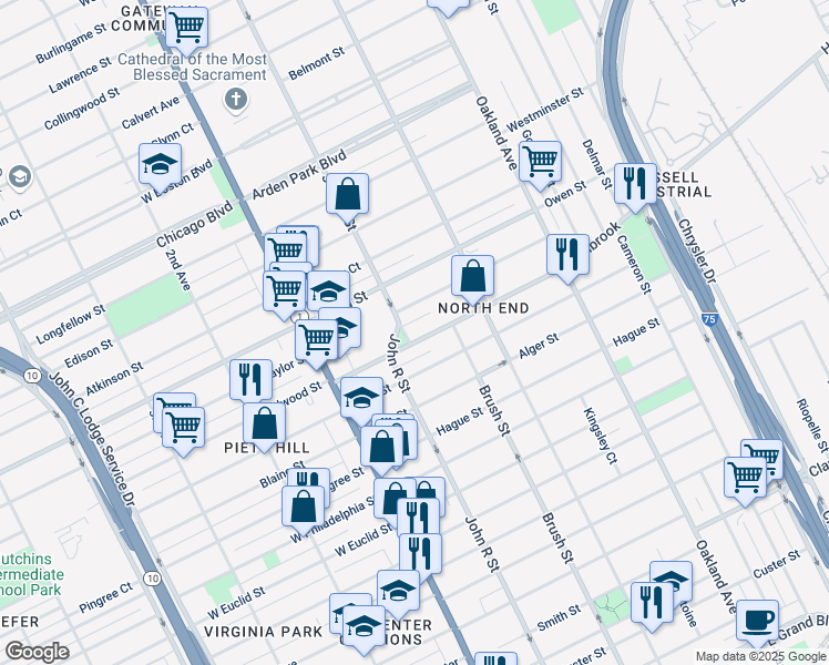 map of restaurants, bars, coffee shops, grocery stores, and more near 201 Holbrook Avenue in Detroit