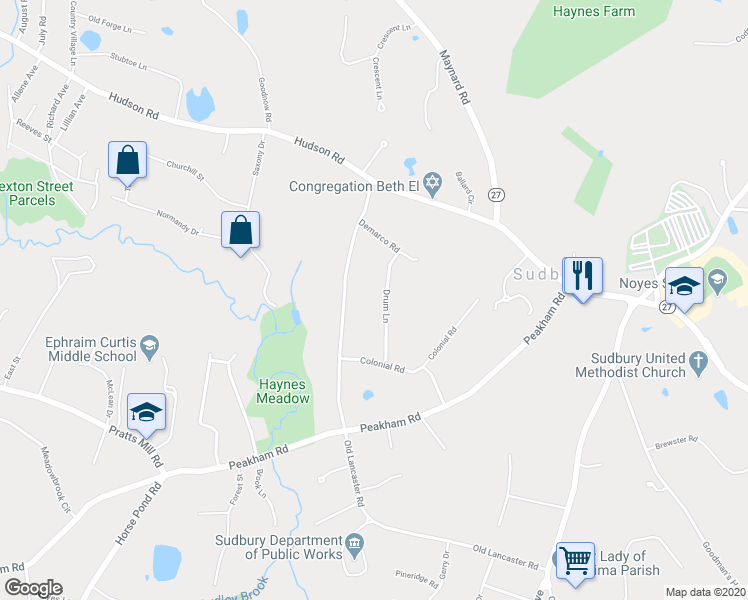 map of restaurants, bars, coffee shops, grocery stores, and more near 29 Drum Lane in Sudbury