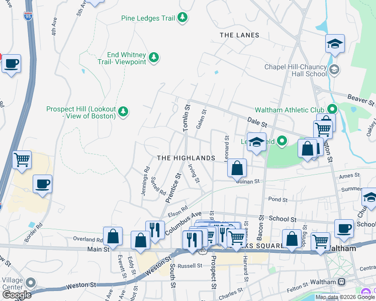map of restaurants, bars, coffee shops, grocery stores, and more near 28 Irving Street in Waltham