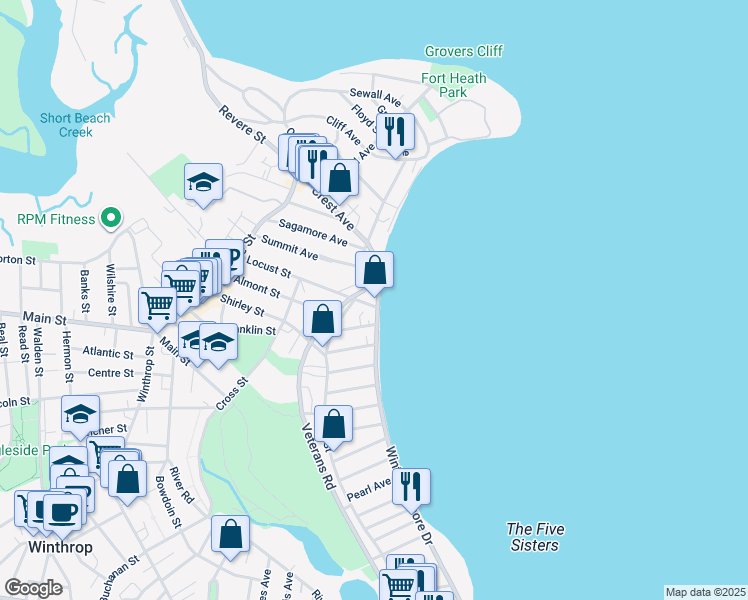 map of restaurants, bars, coffee shops, grocery stores, and more near 242 Winthrop Shore Drive in Winthrop