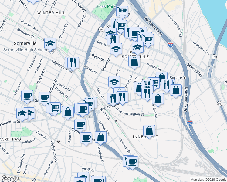 map of restaurants, bars, coffee shops, grocery stores, and more near 150 Glen Street in Somerville