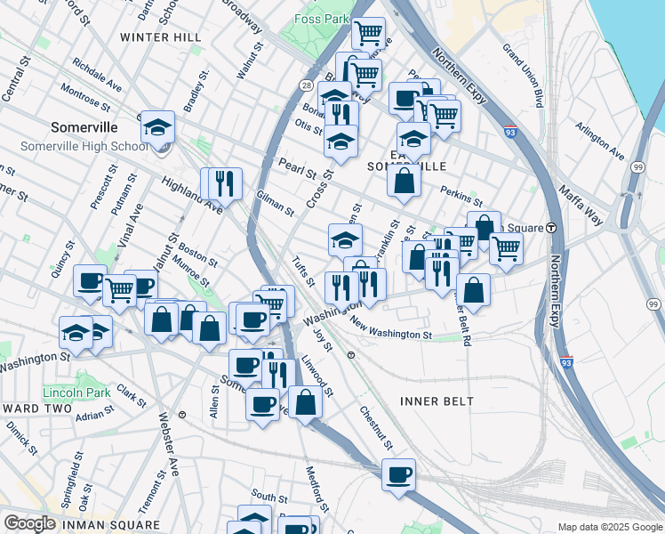 map of restaurants, bars, coffee shops, grocery stores, and more near 159 Glen Street in Somerville