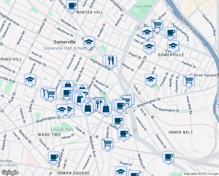 map of restaurants, bars, coffee shops, grocery stores, and more near 53 Boston Street in Somerville