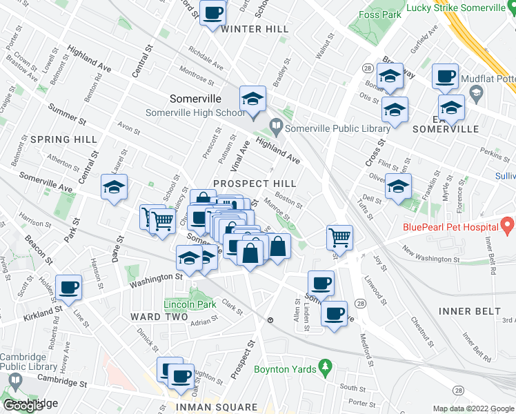 map of restaurants, bars, coffee shops, grocery stores, and more near 33 Walnut Street in Somerville