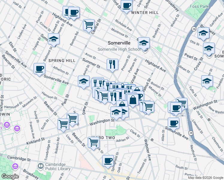 map of restaurants, bars, coffee shops, grocery stores, and more near 56 Church Street in Somerville