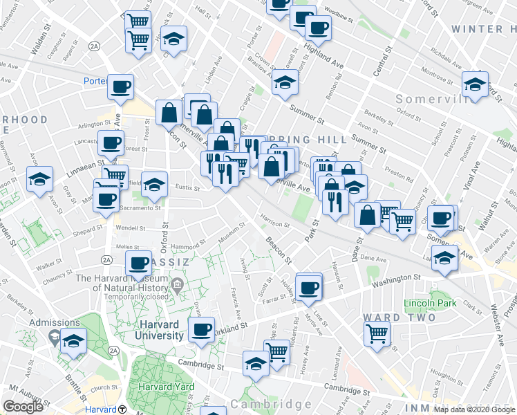 map of restaurants, bars, coffee shops, grocery stores, and more near in Somerville