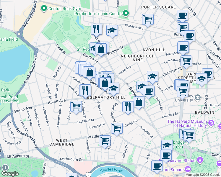 map of restaurants, bars, coffee shops, grocery stores, and more near 138-140 Huron Avenue in Cambridge