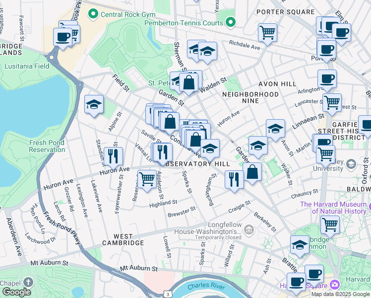 map of restaurants, bars, coffee shops, grocery stores, and more near 208 Concord Avenue in Cambridge